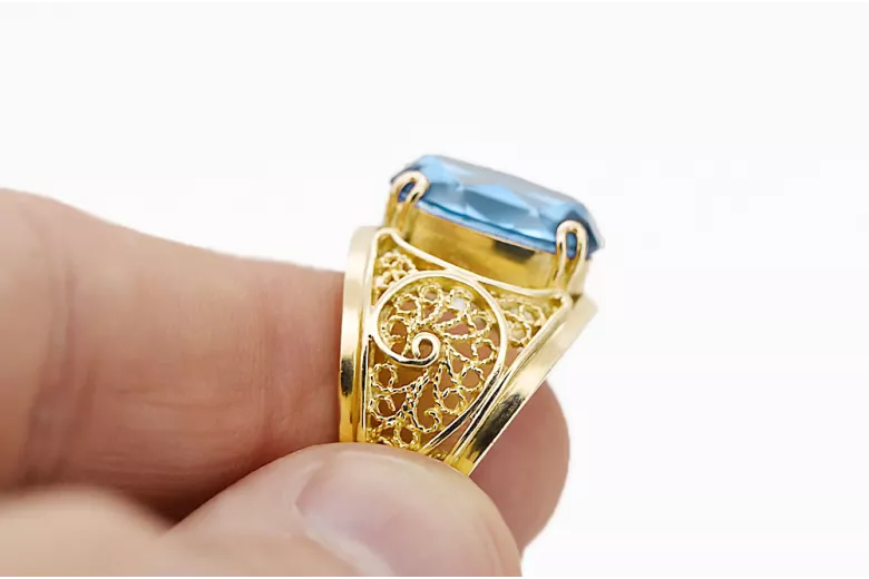 Аквамарин 14K жълто злато Пръстен Винтидж бижута vrc057y